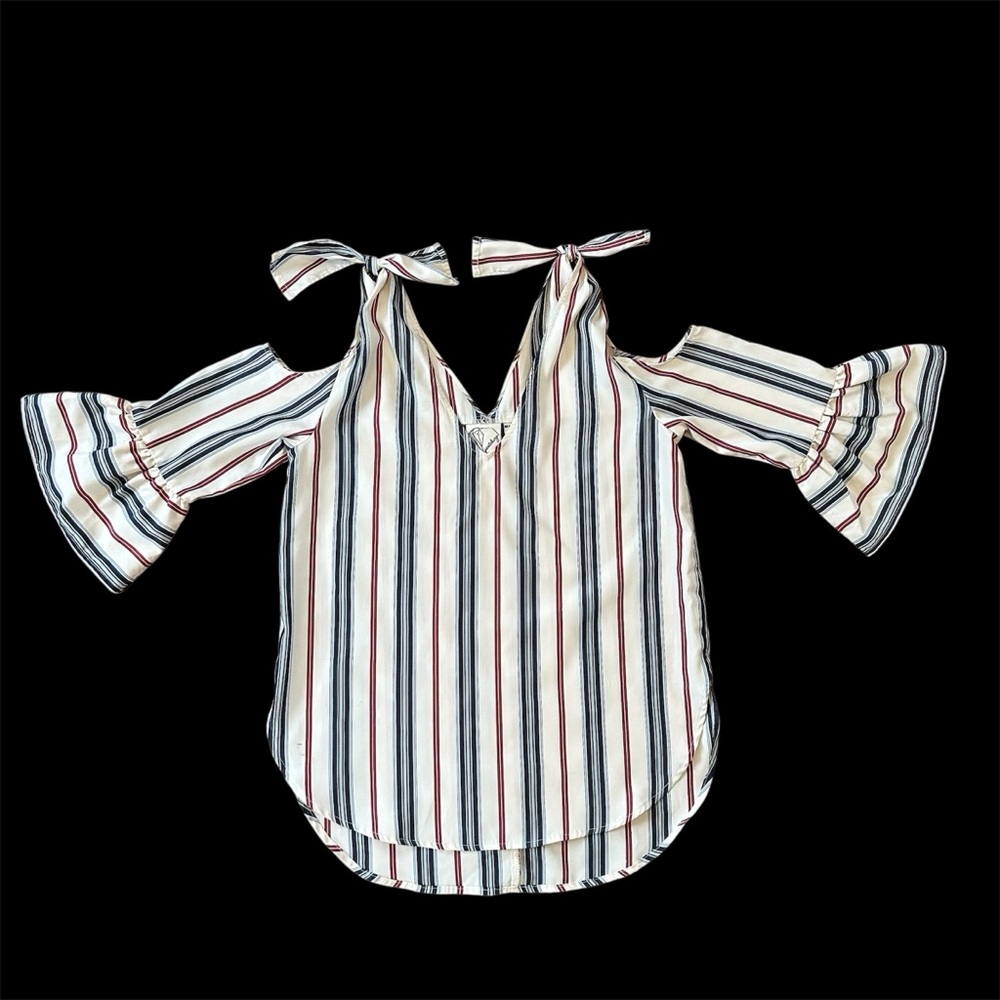 S Womens‎ Red White Blue Pin Stripe Blouse - Cut Out Off Shoulder